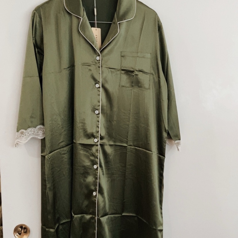 Luxurious Satin Olive Green Robe with Lace Trim